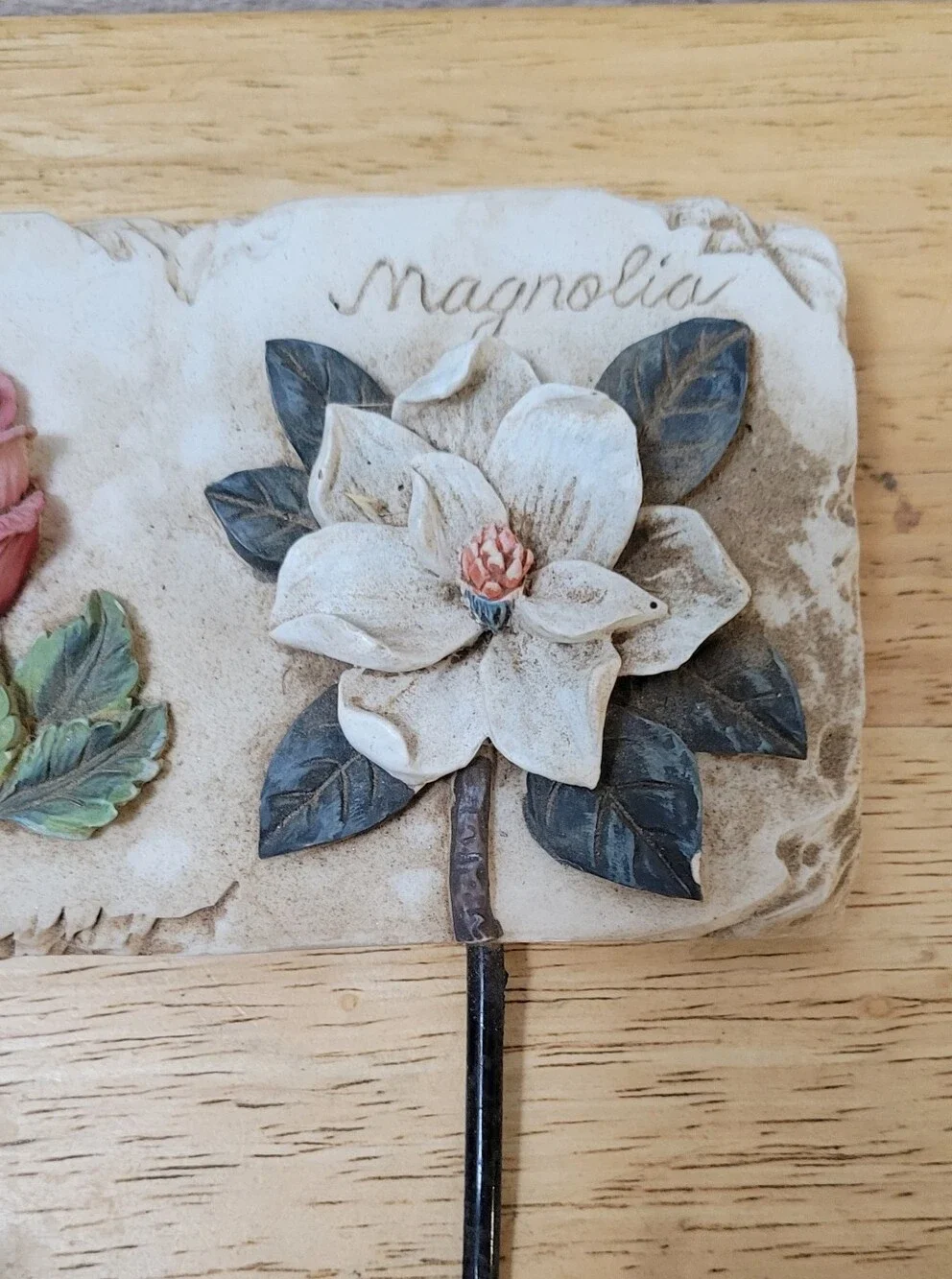 Vintage Style Floral Hook Rack with Pink Rose, Yellow Narcissus & White Magnolia
